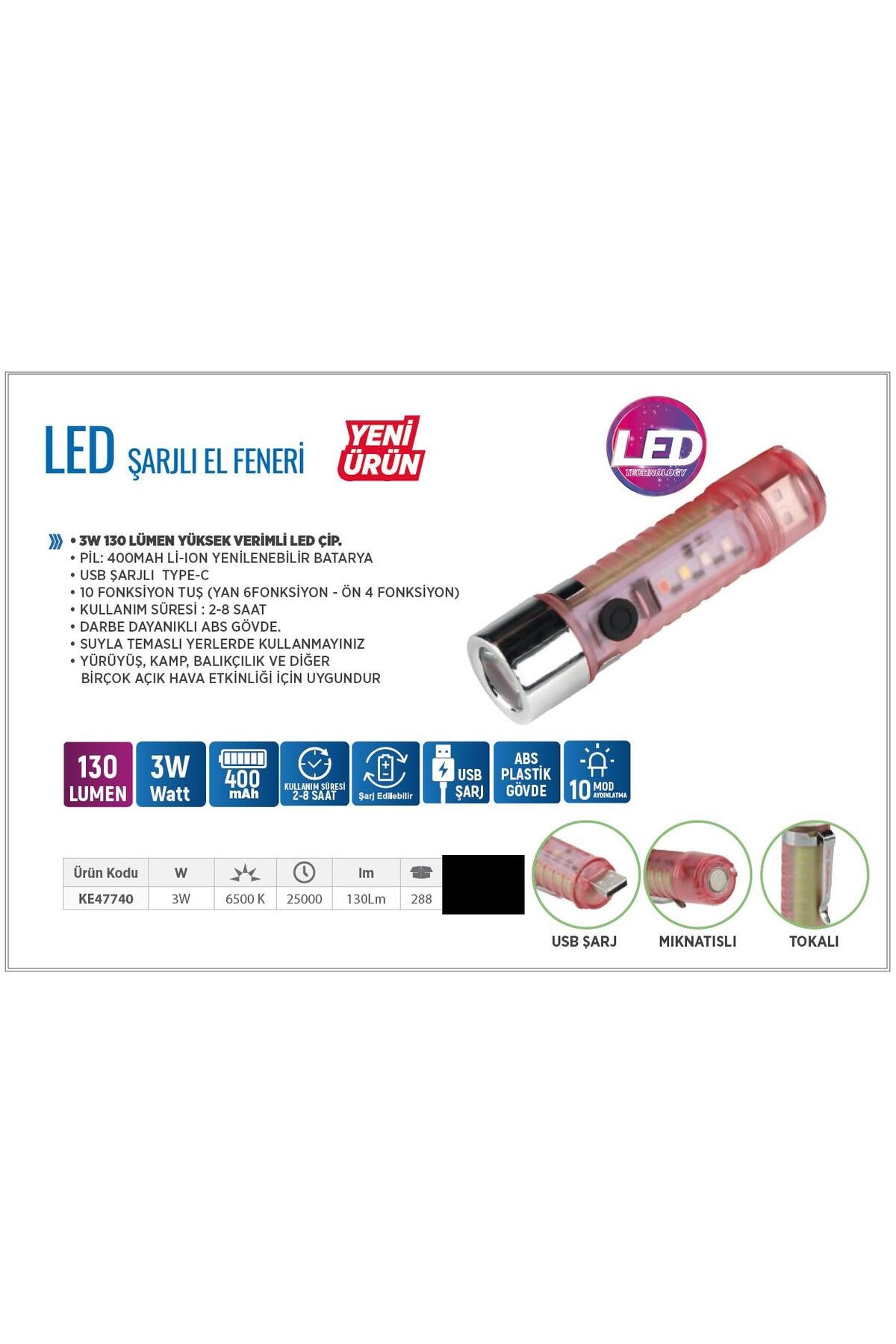 Çakarlı Ledli Şarjlı 9 UV Işıklı SOS Acil Durum Anahtarlık Mini El Feneri 130 lümen 3W 47740