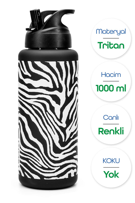 Büyük Su Matarası Tritan Pipetli Su Şişesi Zebra Spor Matarası Suluğu BPAsız 1000 mL Siyah 0112