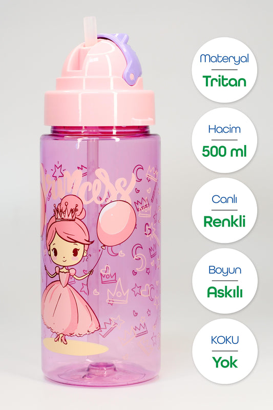 Çocuk Su Matarası Tritan Pipetli Su Şişesi Boyun Askılı Prenses Okul Suluğu BPAsız 500 mL Mor T0107