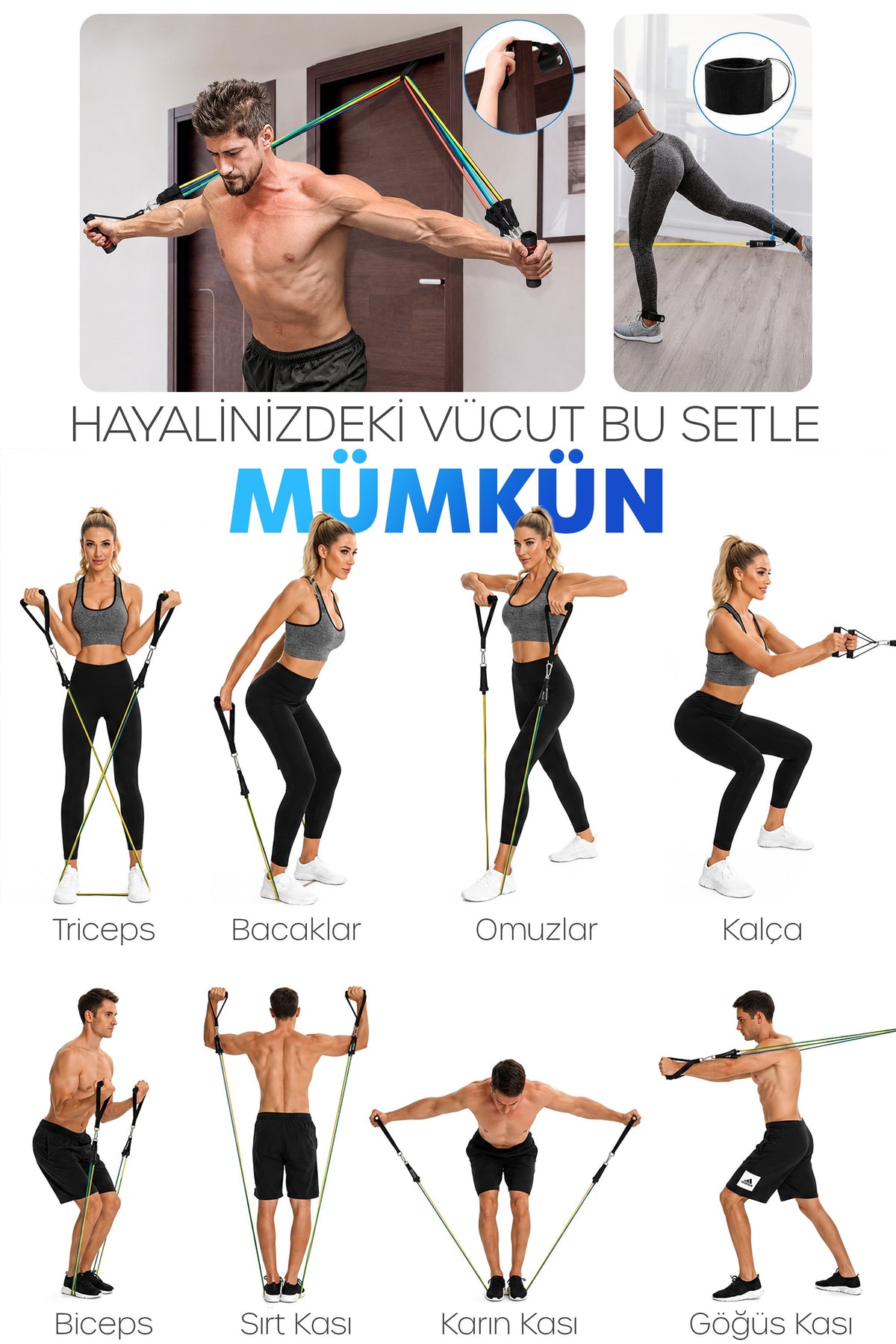 30 KG Direnç Bandı Seti 11 Parça Çantalı Pilates Aerobik Egzersiz Barfiks Spor Lastiği Tüp Bant TDB11