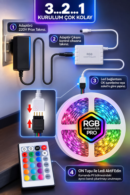 RGB Şerit Led Kumandalı 5 Metre 4 Animasyonlu 16 Renk Tak Çalıştır Şerit LED Işık Aydınlatma