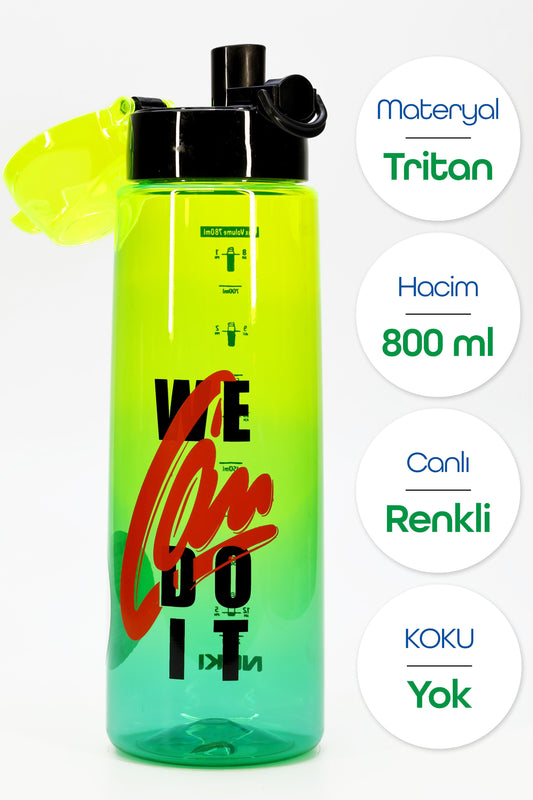 Su Matarası Tritan Geniş Ağız Su Şişesi Grafiti Spor Matarası Suluğu BPAsız 800 mL Yeşil 0104