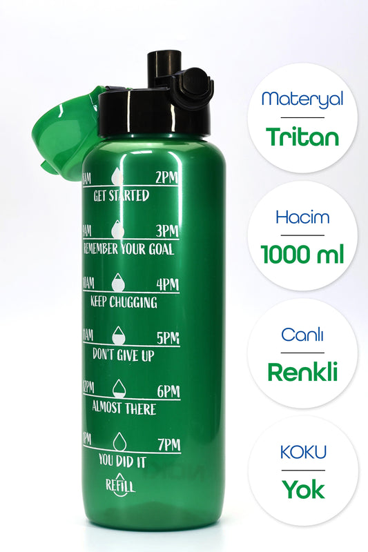 Su Matarası Tritan Geniş Ağız Su Şişesi Motivasyon Spor Matarası Suluğu BPAsız 1000 mL Yeşil T0103