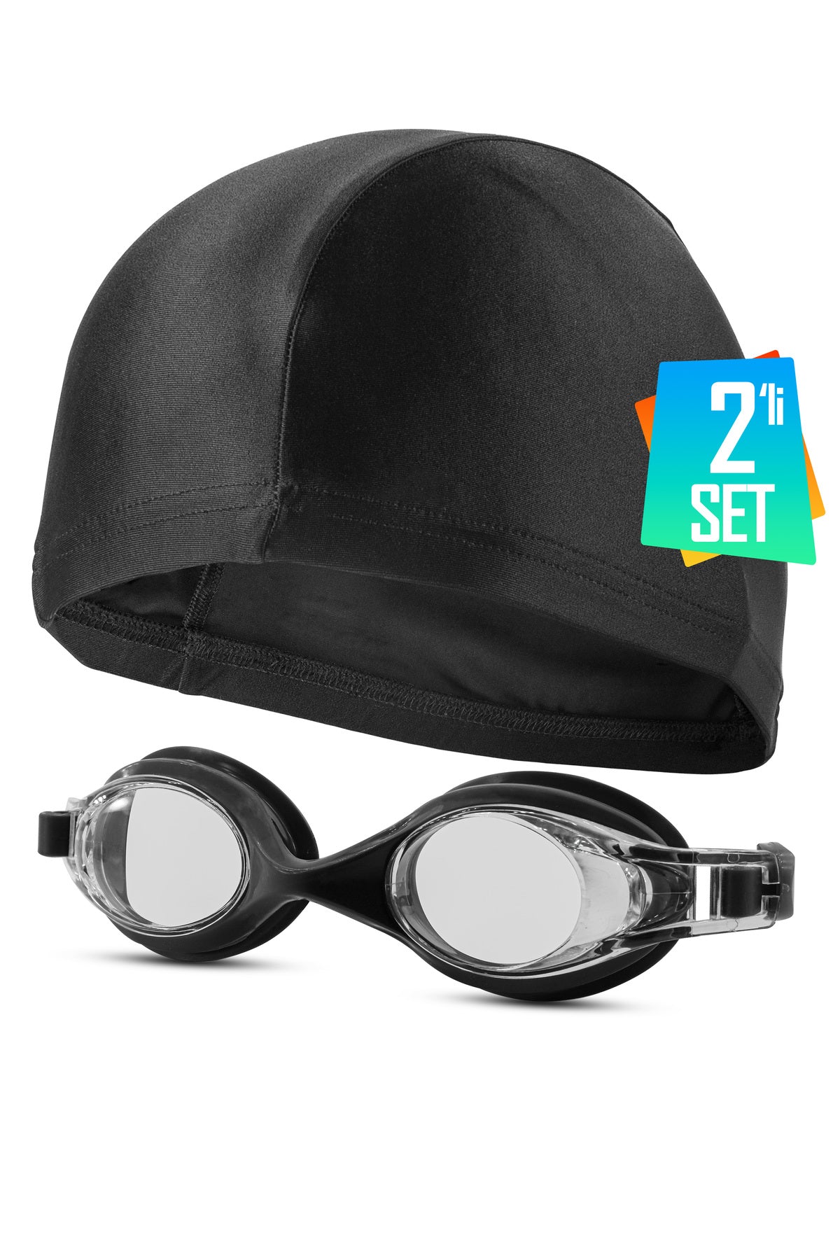 Set Yüzücü Gözlüğü Kumaş Bone Set Yüzme Havuz Deniz Gözlüğü Siyah 4