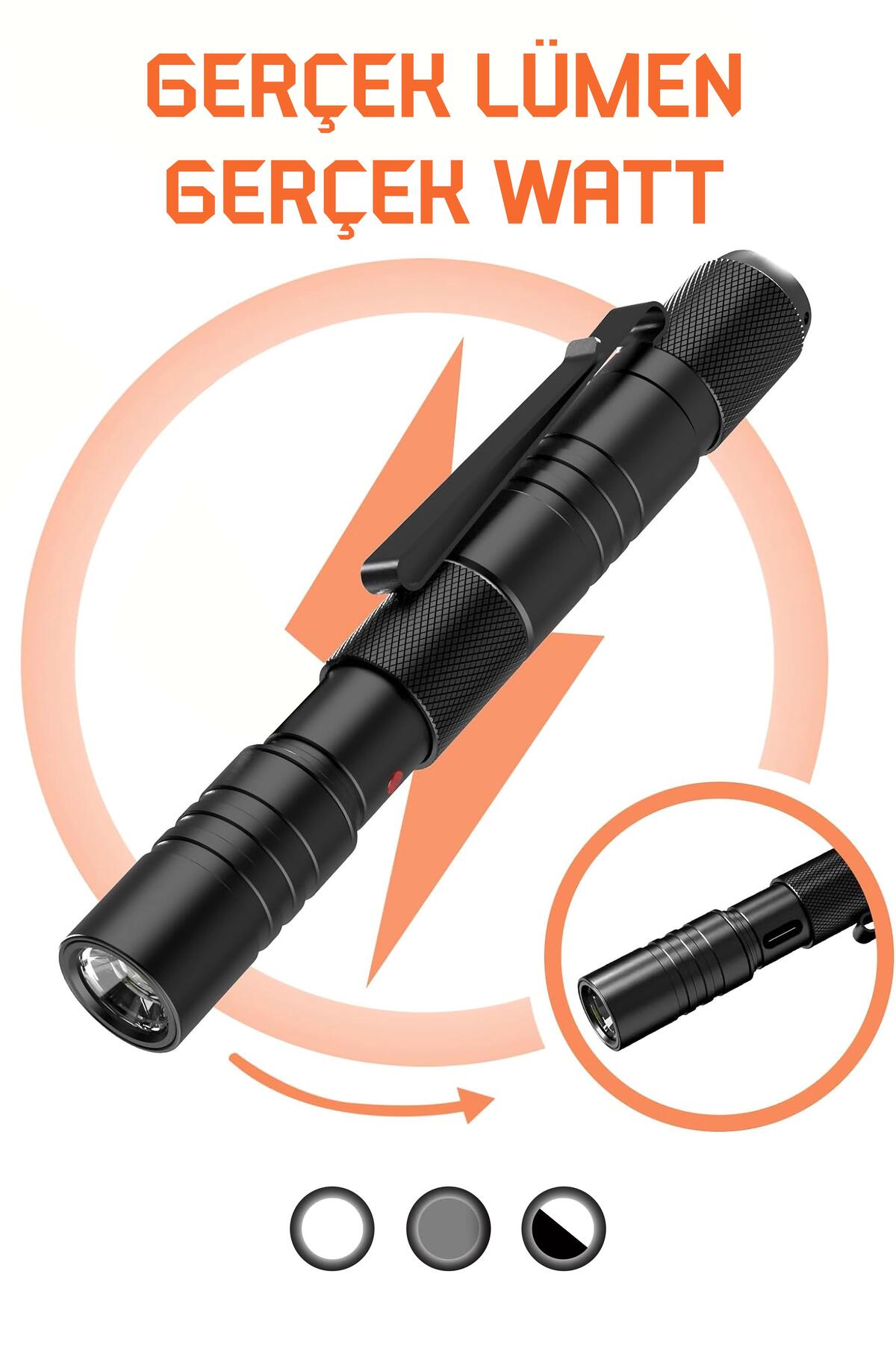 3 MOD Şarjlı Led Kalem Tipi El Feneri Zoomlu Flaşörlü Fener 5 Watt Beyaz Işık 300 Lümen