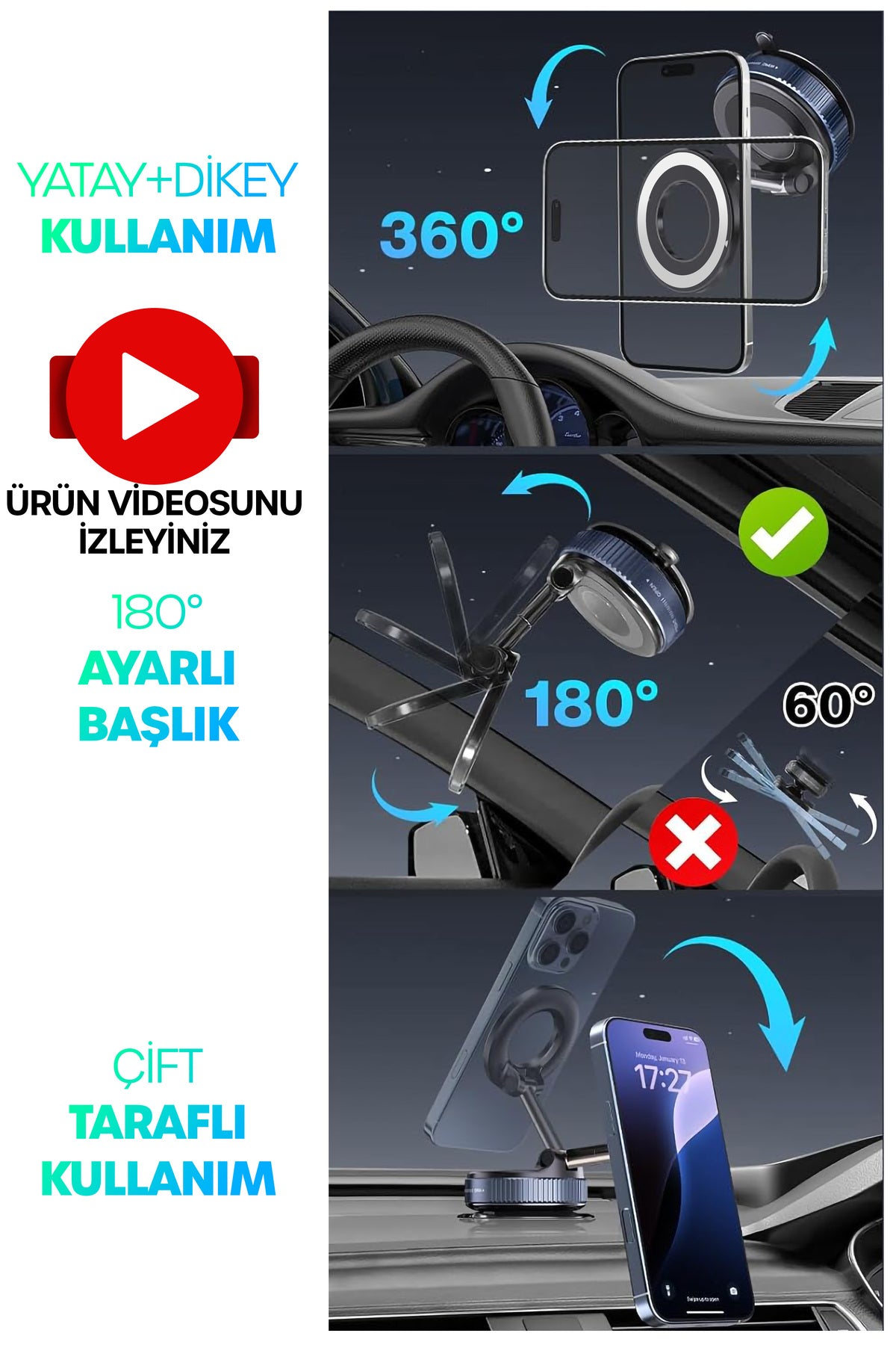 2li MagnetPRO 360° Ayarlanabilir Araç İçi Masa Üstü Vakumlu Mıknatıslı Magsafe Telefon Tutucu Siyah