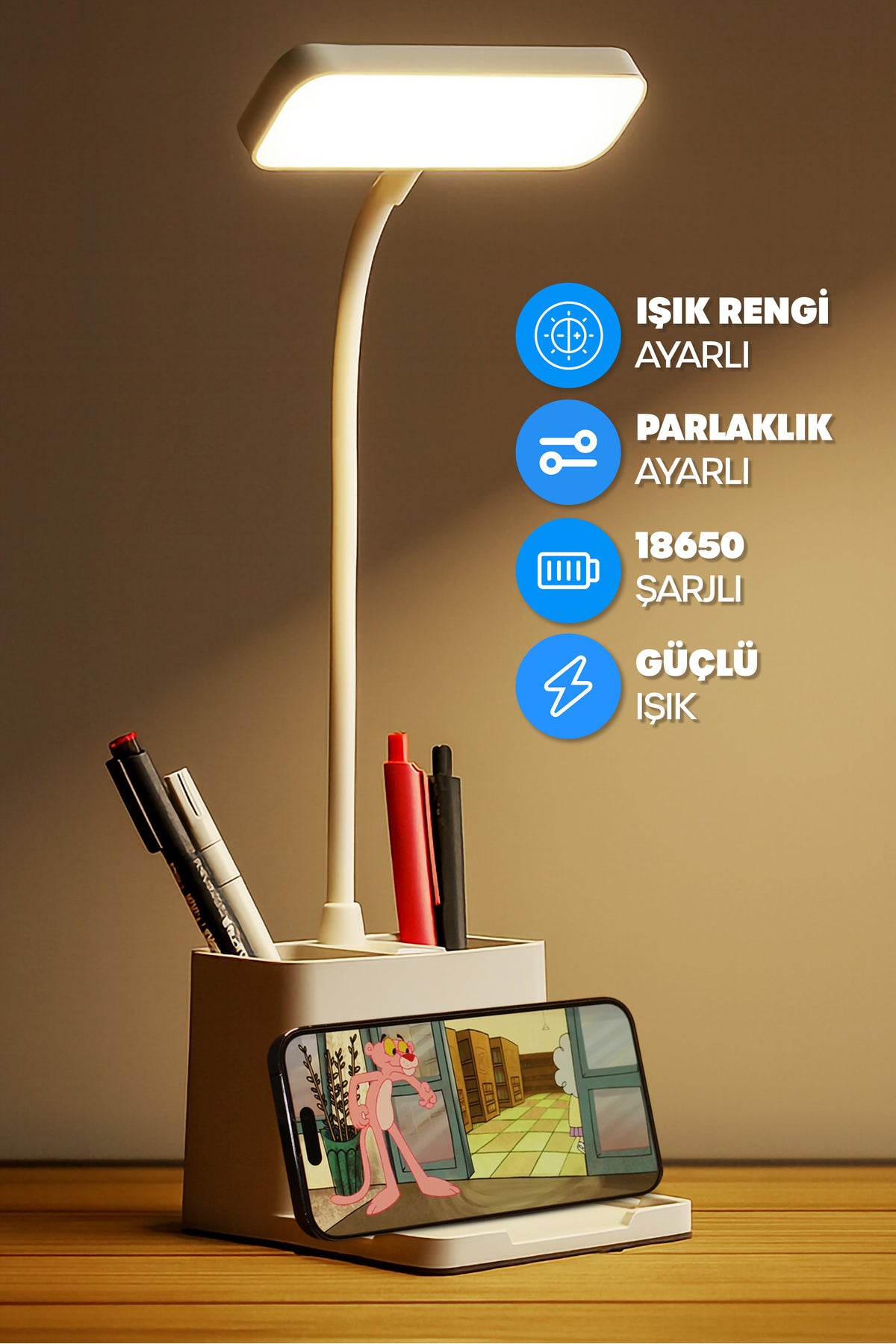 Şarjlı Masa Lambası 3 Renkli Işık Ayarlanabilir Telefon Tutuculu Kalemlikli Ders Çalışma Okuma Işığı