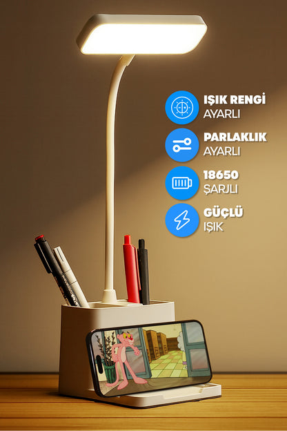 Şarjlı Masa Lambası 3 Renkli Işık Ayarlanabilir Telefon Tutuculu Kalemlikli Ders Çalışma Okuma Işığı