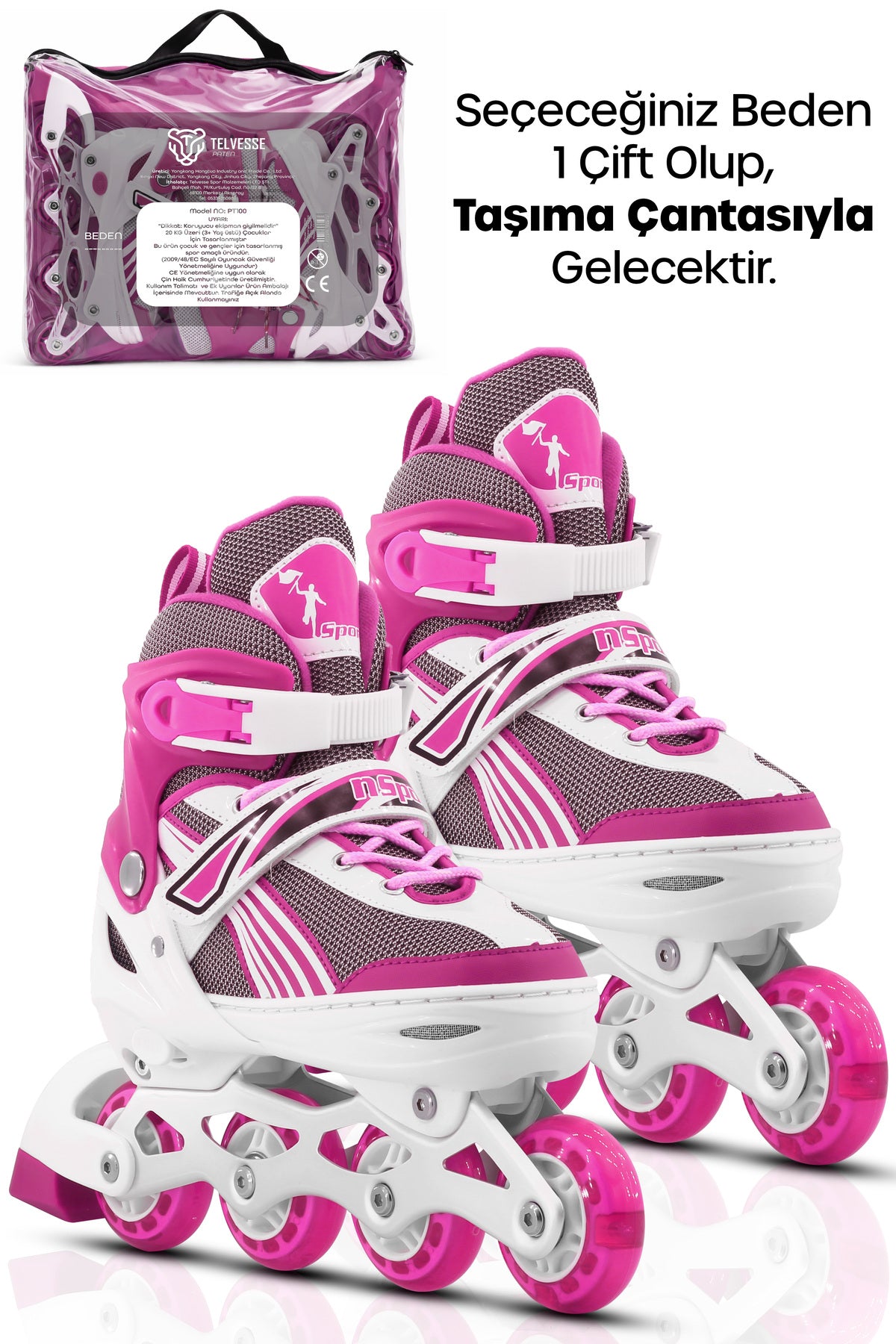 Metal Taban Paten Işıklı Ayarlanabilir Tekerli ve Bedenli Alıştırma Çocuk Genç Pateni PEMBE 8780