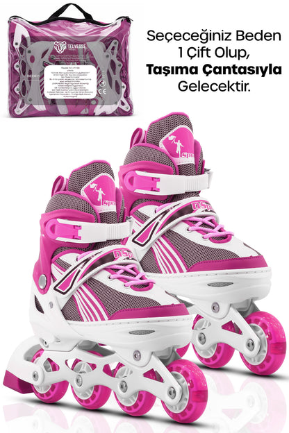 Metal Taban Paten Işıklı Ayarlanabilir Tekerli ve Bedenli Alıştırma Çocuk Genç Pateni PEMBE 8780