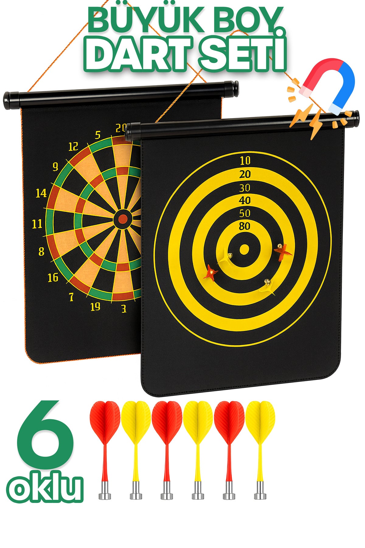 Büyük Boy 6 Oklu Mıknatıslı Dart Seti Çift Yönlü Manyetik Duvara Zarar Vermeyen Dart Oyunu