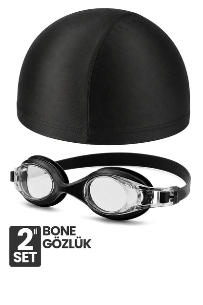 Set Yüzücü Gözlüğü Kumaş Bone Set Yüzme Havuz Deniz Gözlüğü Siyah 4