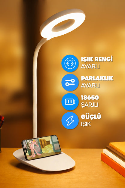 Şarjlı Masa Lambası Dokunmatik 3 Renk 24 Led Telefon Standlı Kademeli Çalışma Okuma Işığı