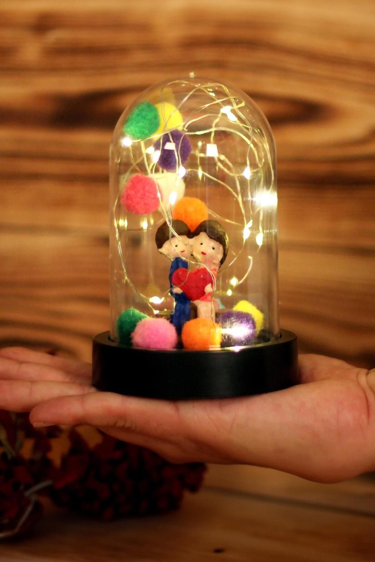 3 Modlu Led Işıklı Fanus Içinde Sevgili Çift Detaylı Sevgiliye Hediyelik Dekoratif Gece Lambası