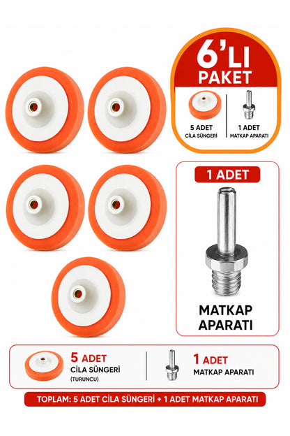 5+1 Set Polisaj Süngeri Turuncu Oto Pasta Cila Parlatma Pedi 150mm + Matkap Aparatı