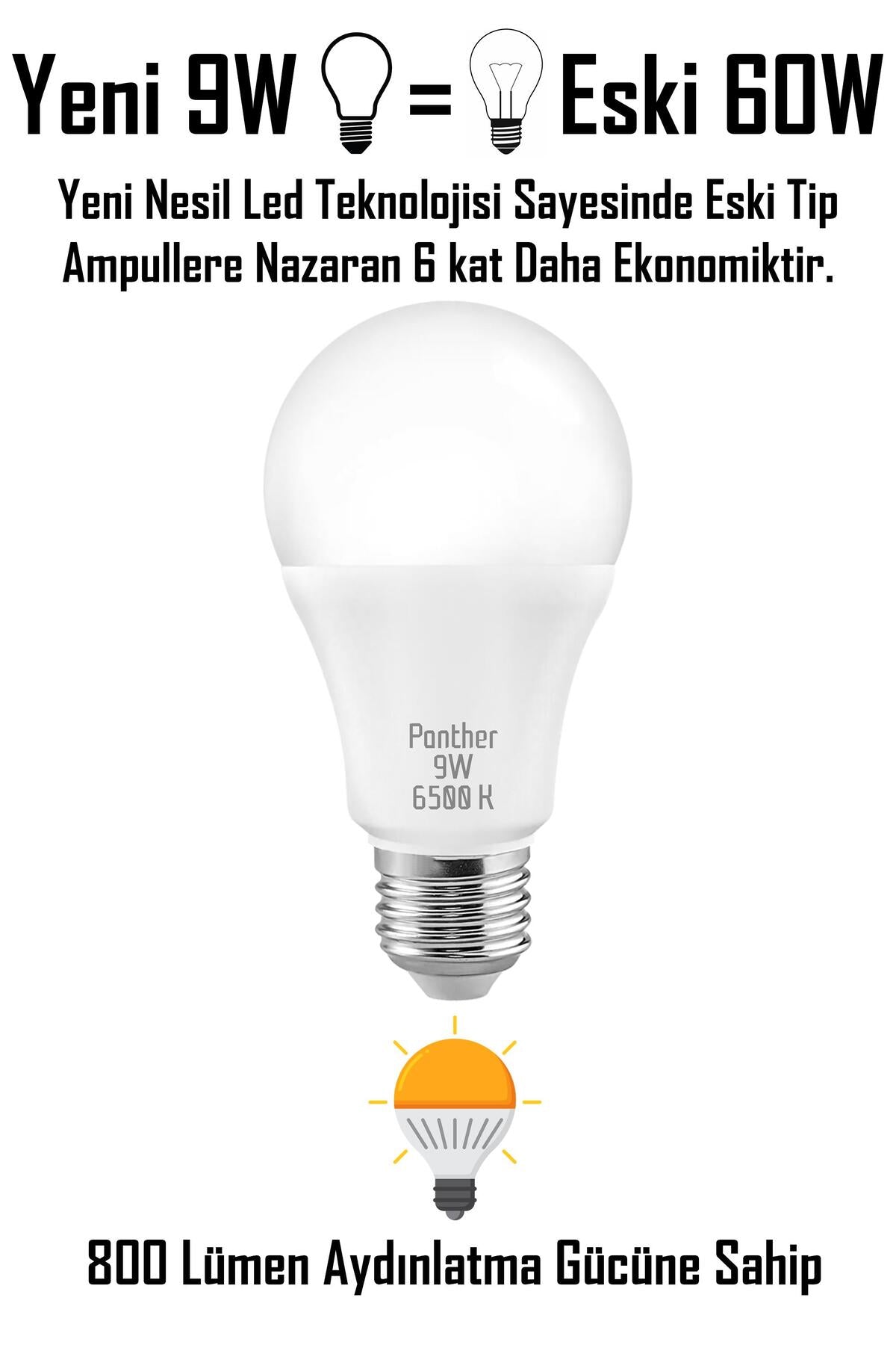 9W Beyaz LED E27 Ampul Tasarruflu Lamba 6500 K Beyaz Işık 800 Lümen 9W=60W