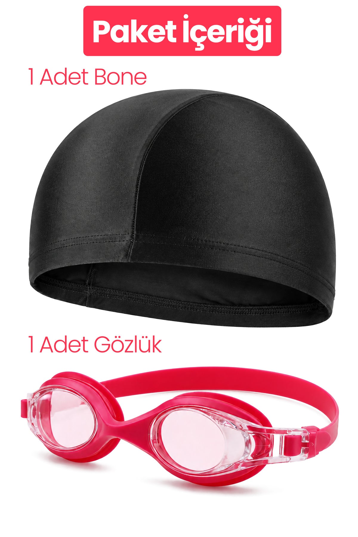 2li Set Yüzücü Gözlüğü Kumaş Bone Set Yüzme Havuz Deniz Gözlüğü Pembe