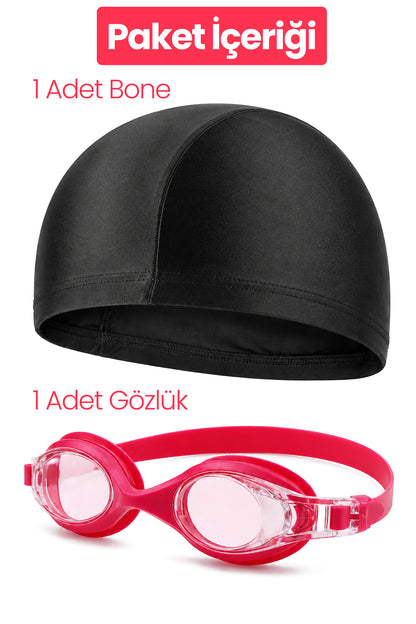 2li Set Yüzücü Gözlüğü Kumaş Bone Set Yüzme Havuz Deniz Gözlüğü Pembe