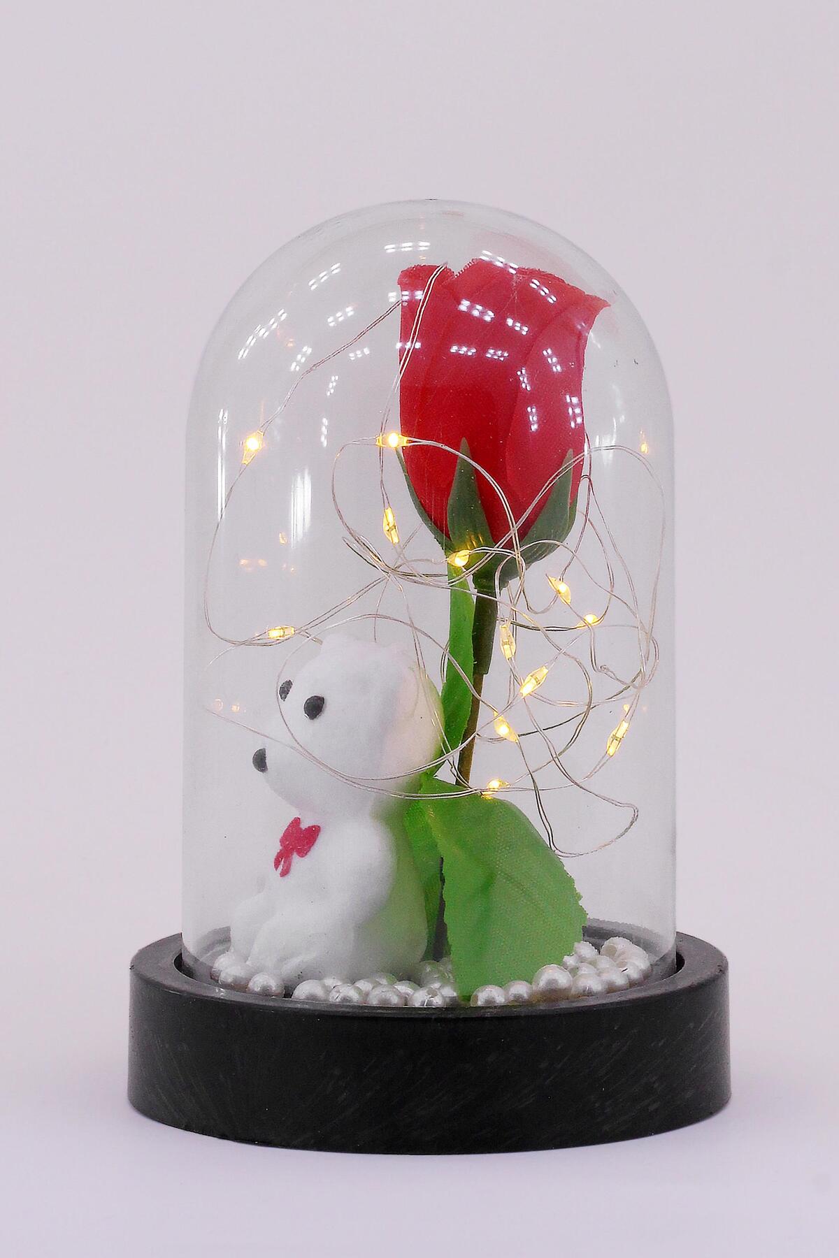 3 Modlu Led Işıklı Fanus İçinde Beyaz Ayıcık Detaylı Sevgiliye Hediyelik Dekoratif Gece Lambası