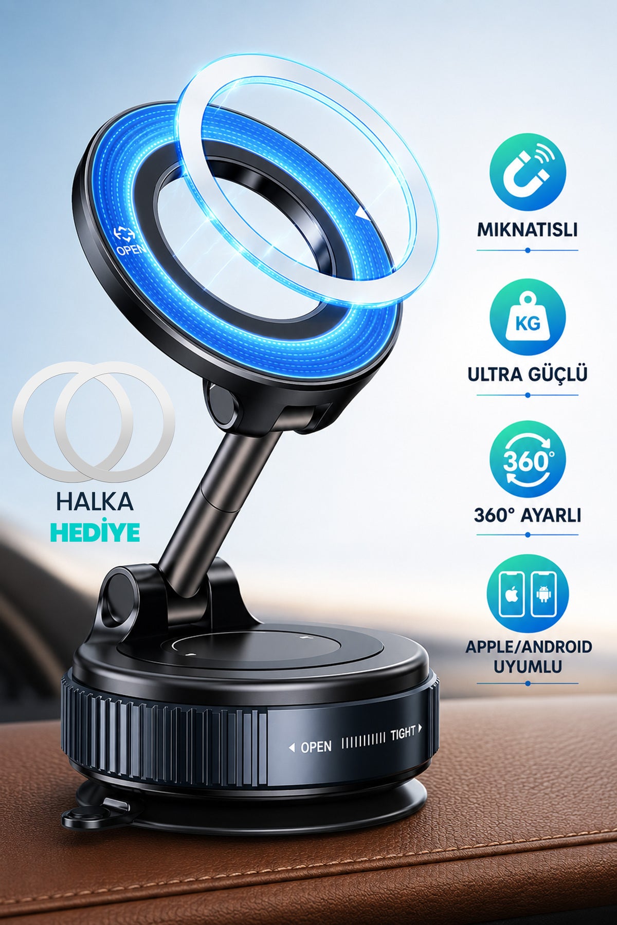 2li MagnetPRO 360° Ayarlanabilir Araç İçi Masa Üstü Vakumlu Mıknatıslı Magsafe Telefon Tutucu Siyah