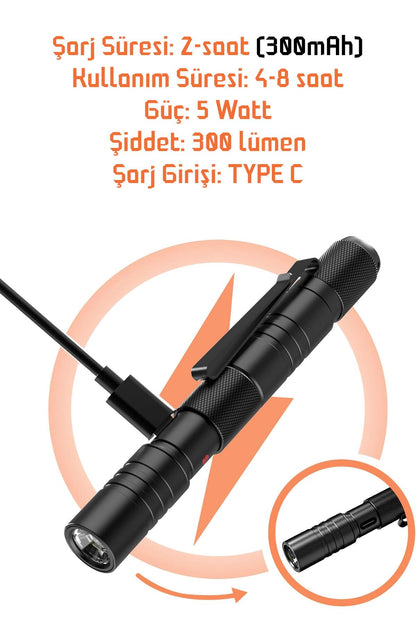 3 MOD Şarjlı Led Kalem Tipi El Feneri Zoomlu Flaşörlü Fener 5 Watt Beyaz Işık 300 Lümen