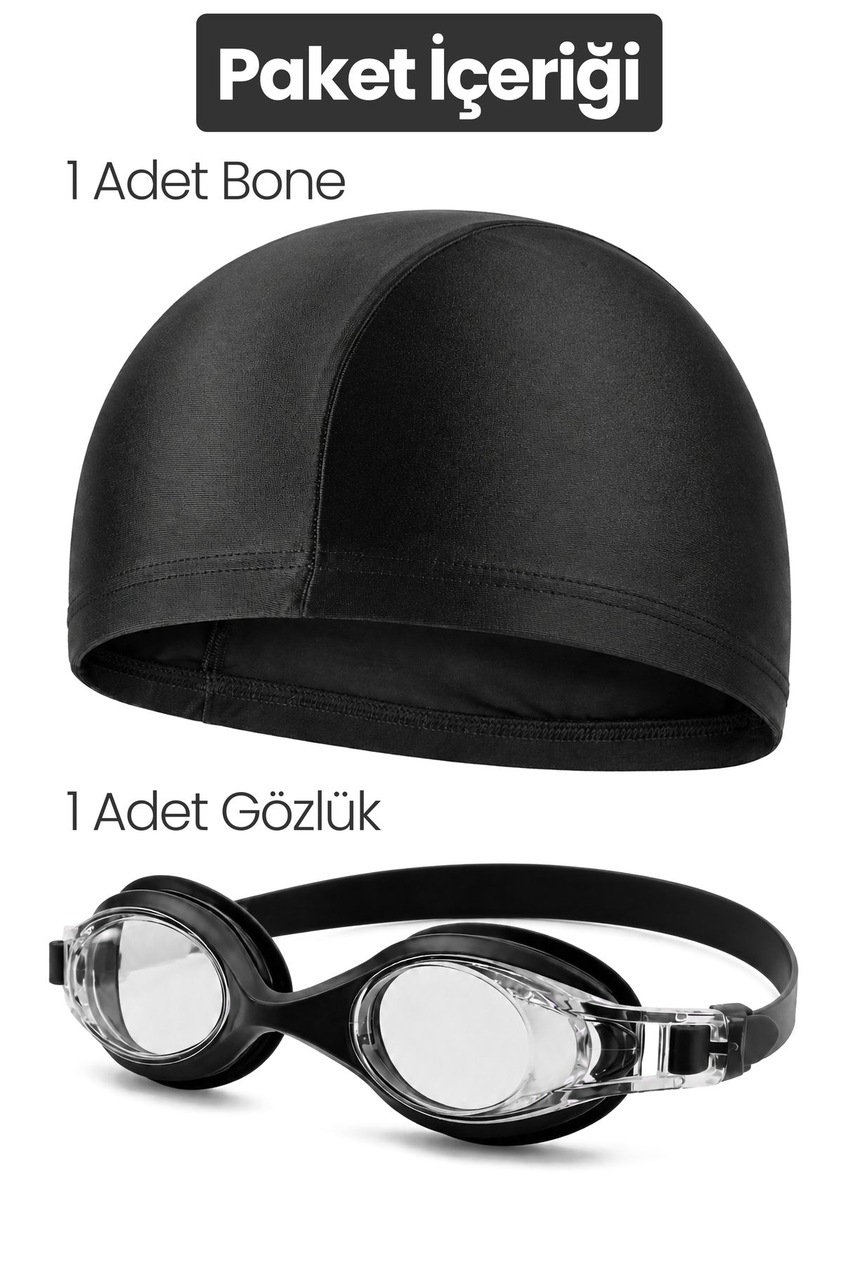 Set Yüzücü Gözlüğü Kumaş Bone Set Yüzme Havuz Deniz Gözlüğü Siyah 4
