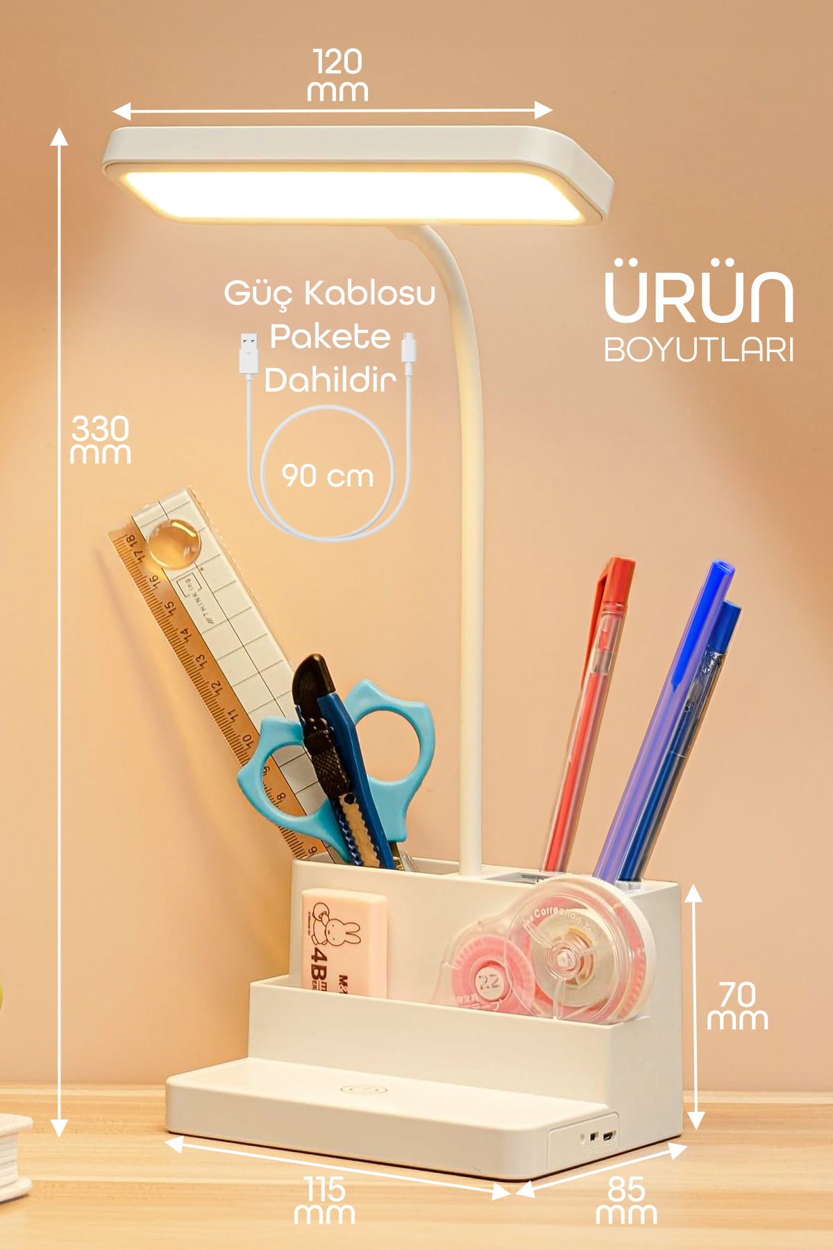 Şarjlı Masa Lambası 3 Renk Dokunmatik Telefon Standlı Kademeli Ders Çalışma Okuma Işığı Gece Lambası