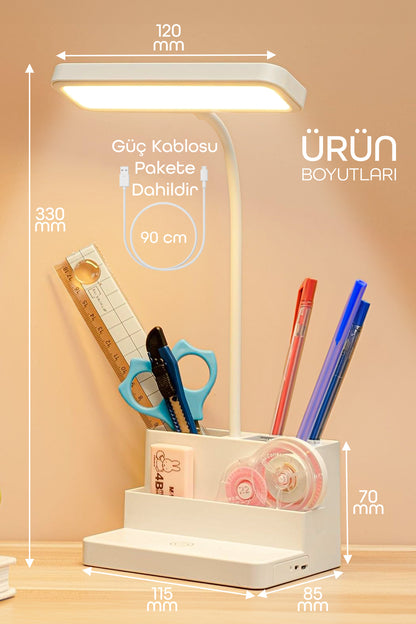 Şarjlı Masa Lambası 3 Renk Dokunmatik Telefon Standlı Kademeli Ders Çalışma Okuma Işığı Gece Lambası
