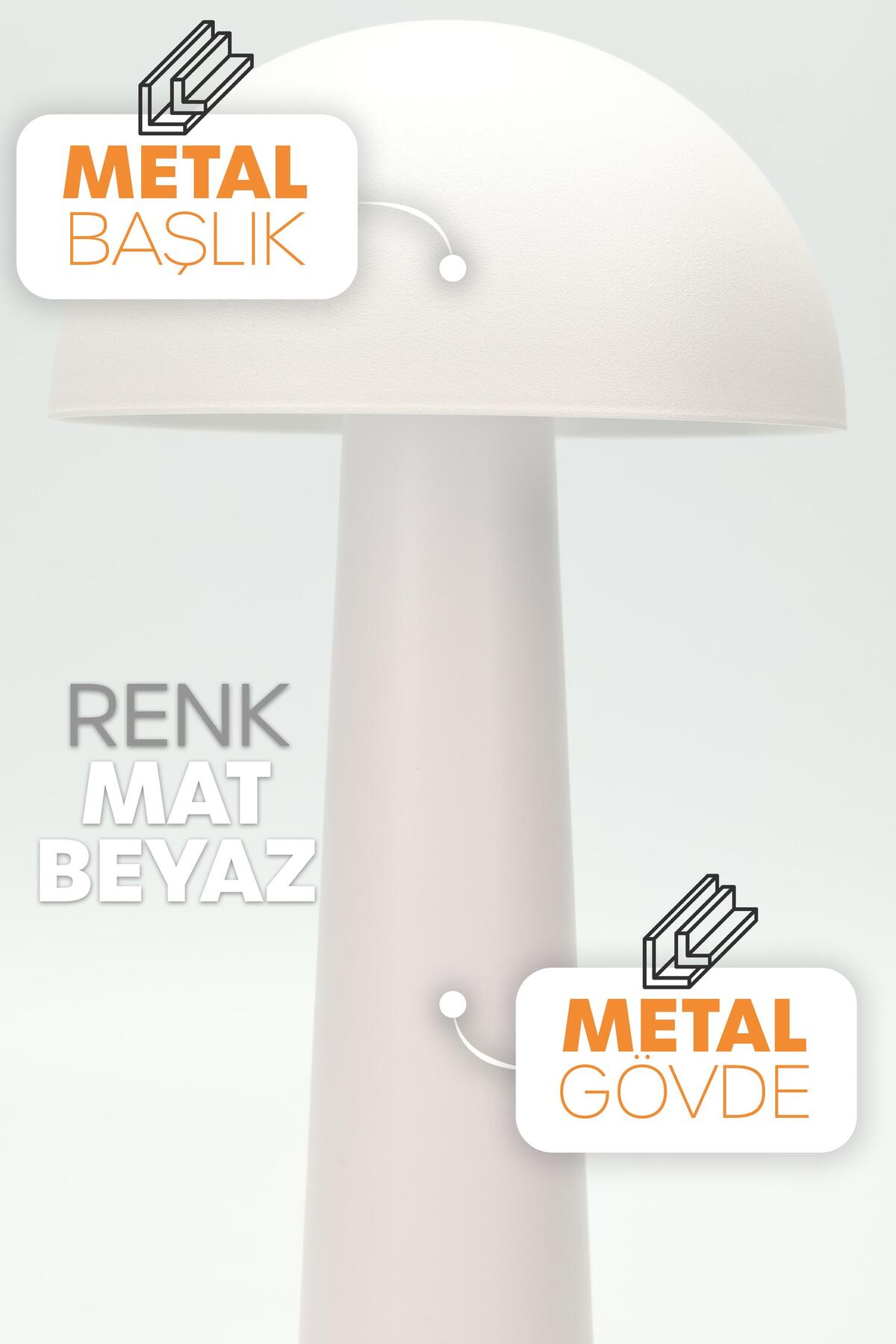 Şarjlı Mantar Masa Lambası Metal Dokunmatik 3 Işık Parlaklık Ayarlı Gece Masa Üstü Lamba Beyaz A4