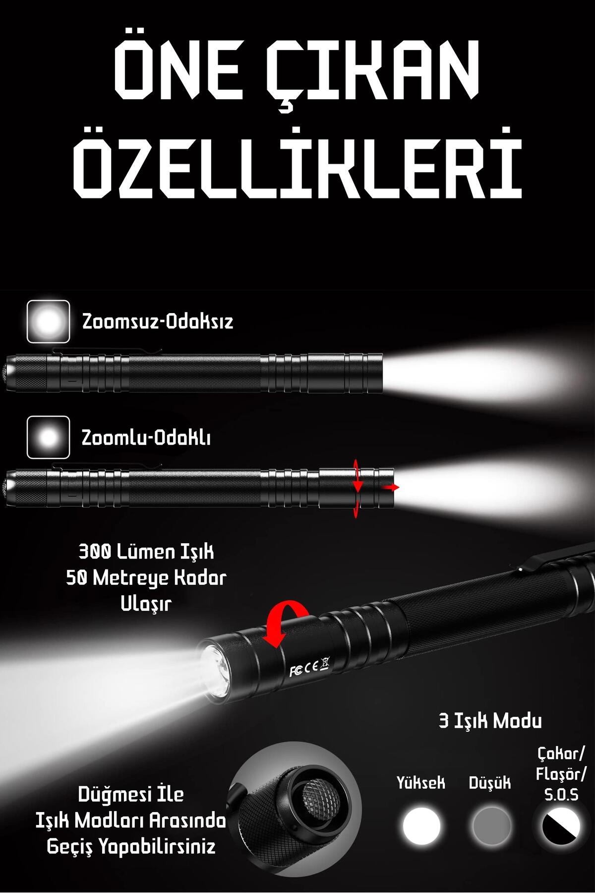 3 MOD Şarjlı Led Kalem Tipi El Feneri Zoomlu Flaşörlü Fener 5 Watt Beyaz Işık 300 Lümen
