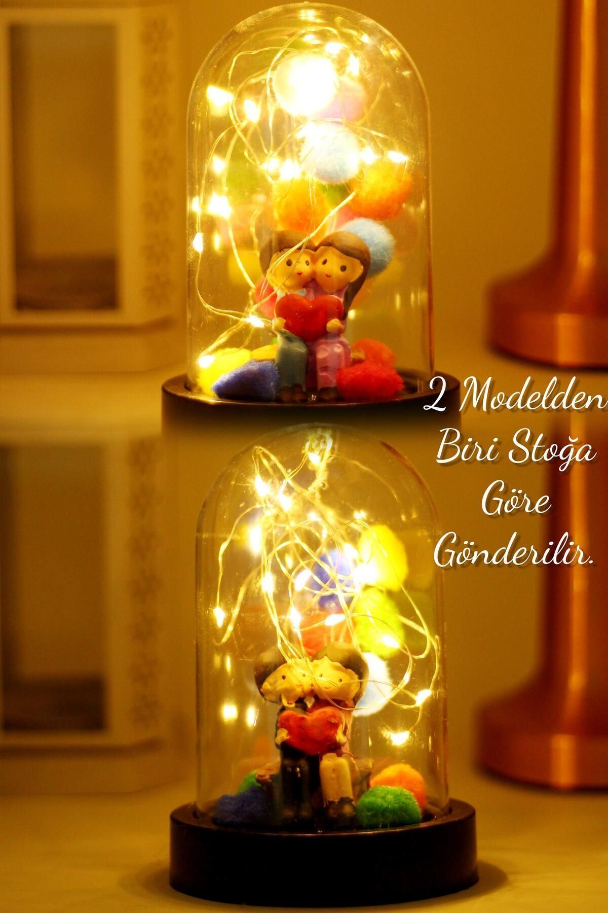 3 Modlu Led Işıklı Fanus Içinde Sevgili Çift Detaylı Sevgiliye Hediyelik Dekoratif Gece Lambası