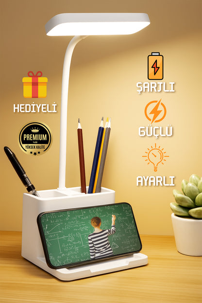 Şarjlı Masa Lambası 3 Renk Dokunmatik Telefon Standlı Kademeli Ders Çalışma Okuma Işığı Gece Lambası