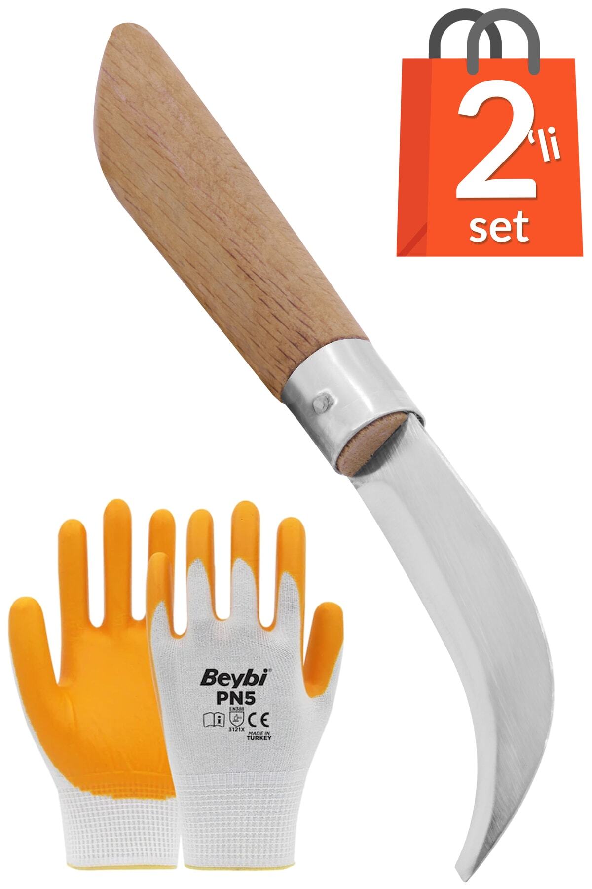 Paslanmaz Eğri Aşı Bıçağı 20 Cm No:2 + Örme Iş Eldiveni