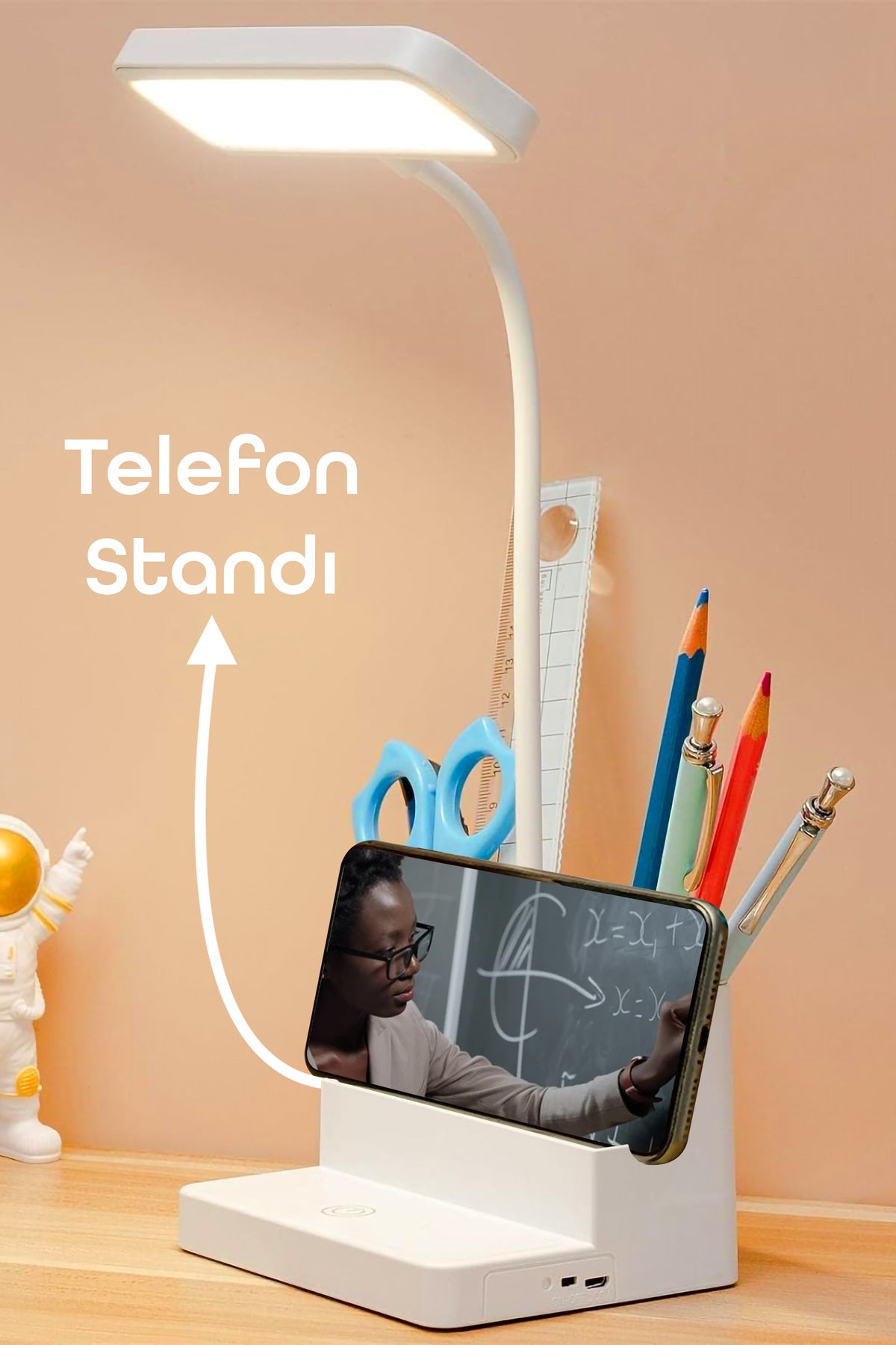 Şarjlı Masa Lambası 3 Renkli Işık Ayarlanabilir Telefon Tutuculu Kalemlikli Ders Çalışma Okuma Işığı