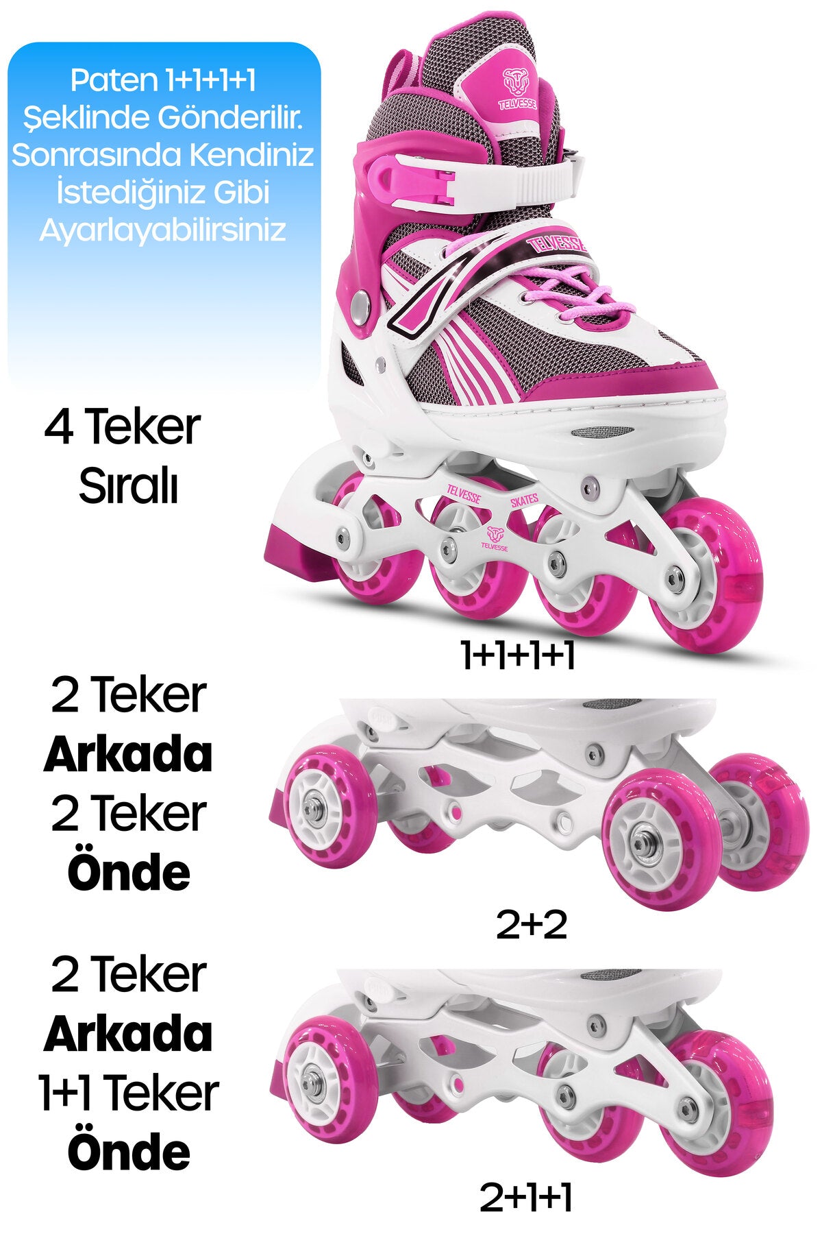 Metal Taban Paten Işıklı Ayarlanabilir Tekerli ve Bedenli Alıştırma Çocuk Genç Pateni PEMBE 8780