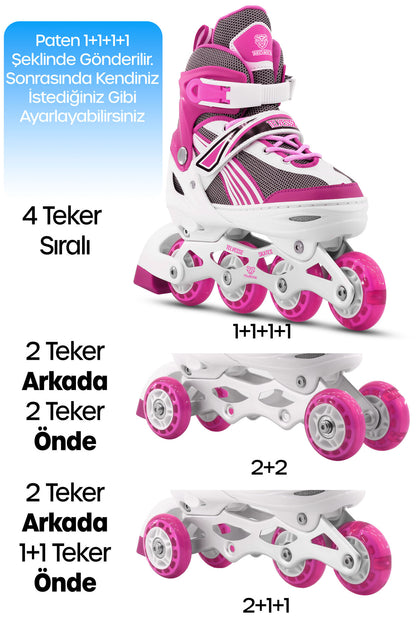 Metal Taban Paten Işıklı Ayarlanabilir Tekerli ve Bedenli Alıştırma Çocuk Genç Pateni PEMBE 8780