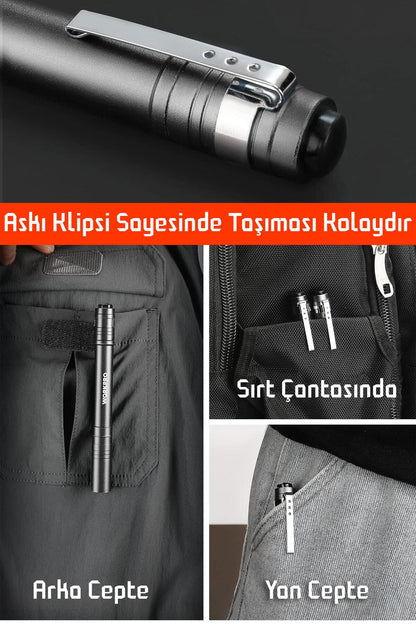 3 MOD Şarjlı Led Kalem Tipi El Feneri Zoomlu Flaşörlü Fener 5 Watt Beyaz Işık 300 Lümen