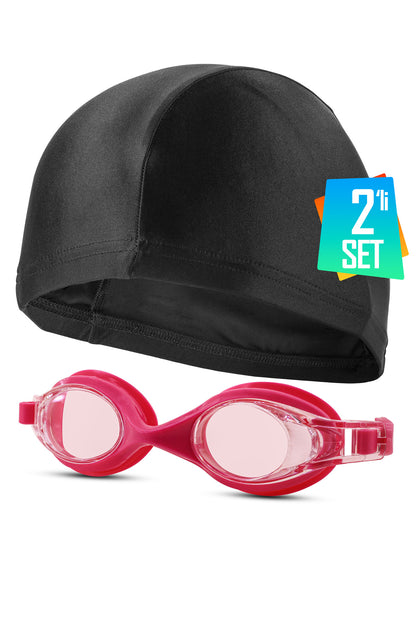 2li Set Yüzücü Gözlüğü Kumaş Bone Set Yüzme Havuz Deniz Gözlüğü Pembe