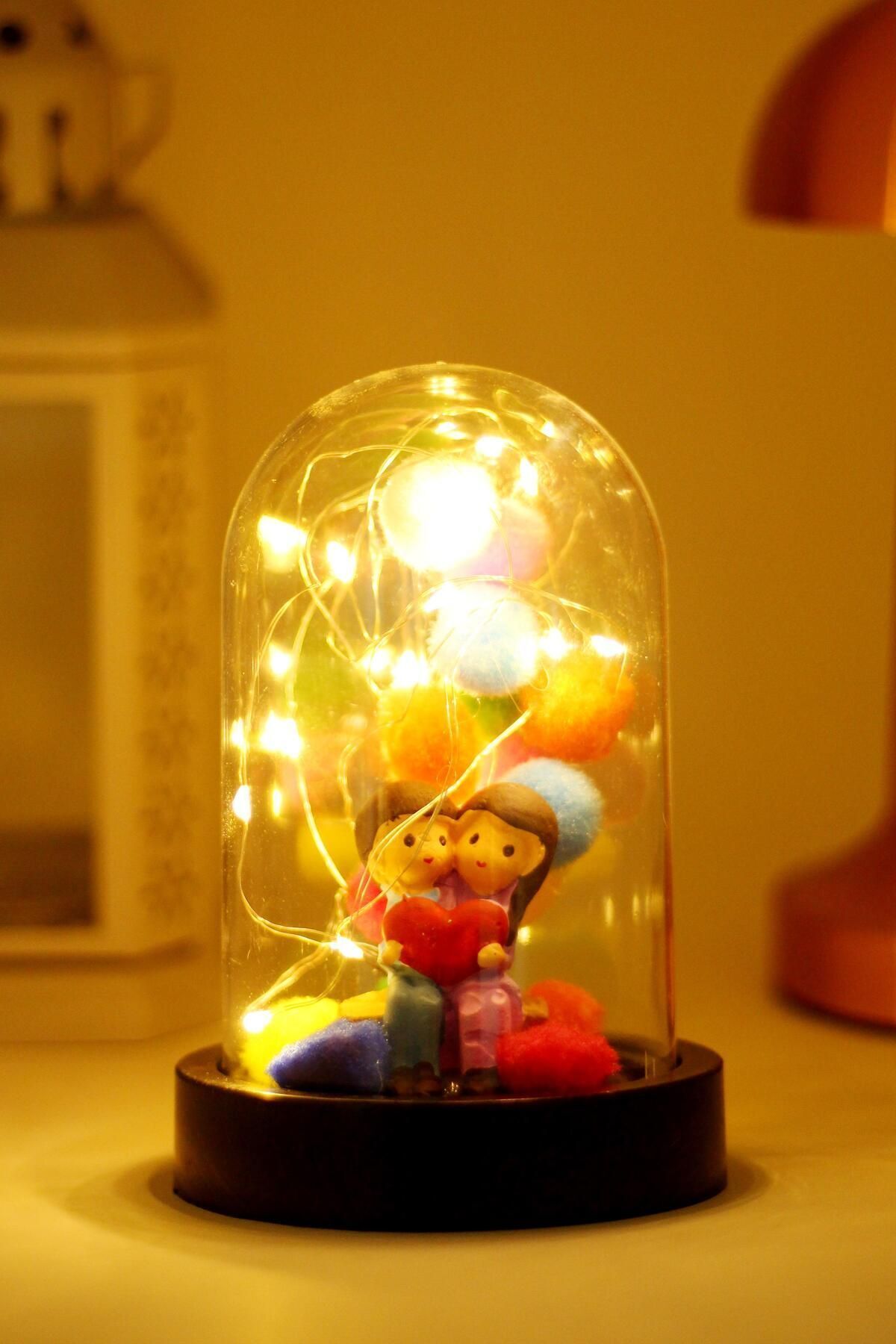 3 Modlu Led Işıklı Fanus Içinde Sevgili Çift Detaylı Sevgiliye Hediyelik Dekoratif Gece Lambası