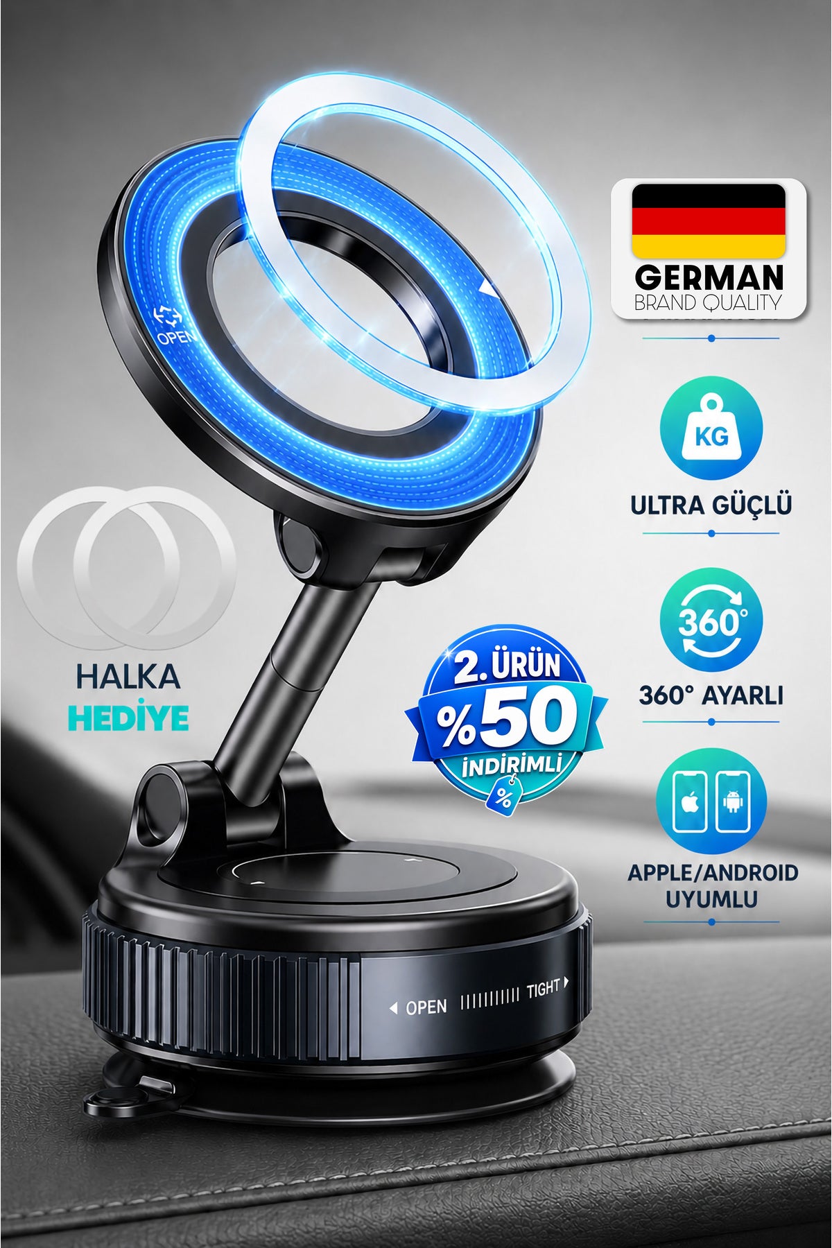 360 Araba Telefon Tutucu Ayarlanabilir Masa Üstü Vakumlu Mıknatıslı Magsafe Telefon Tutucu Siyah