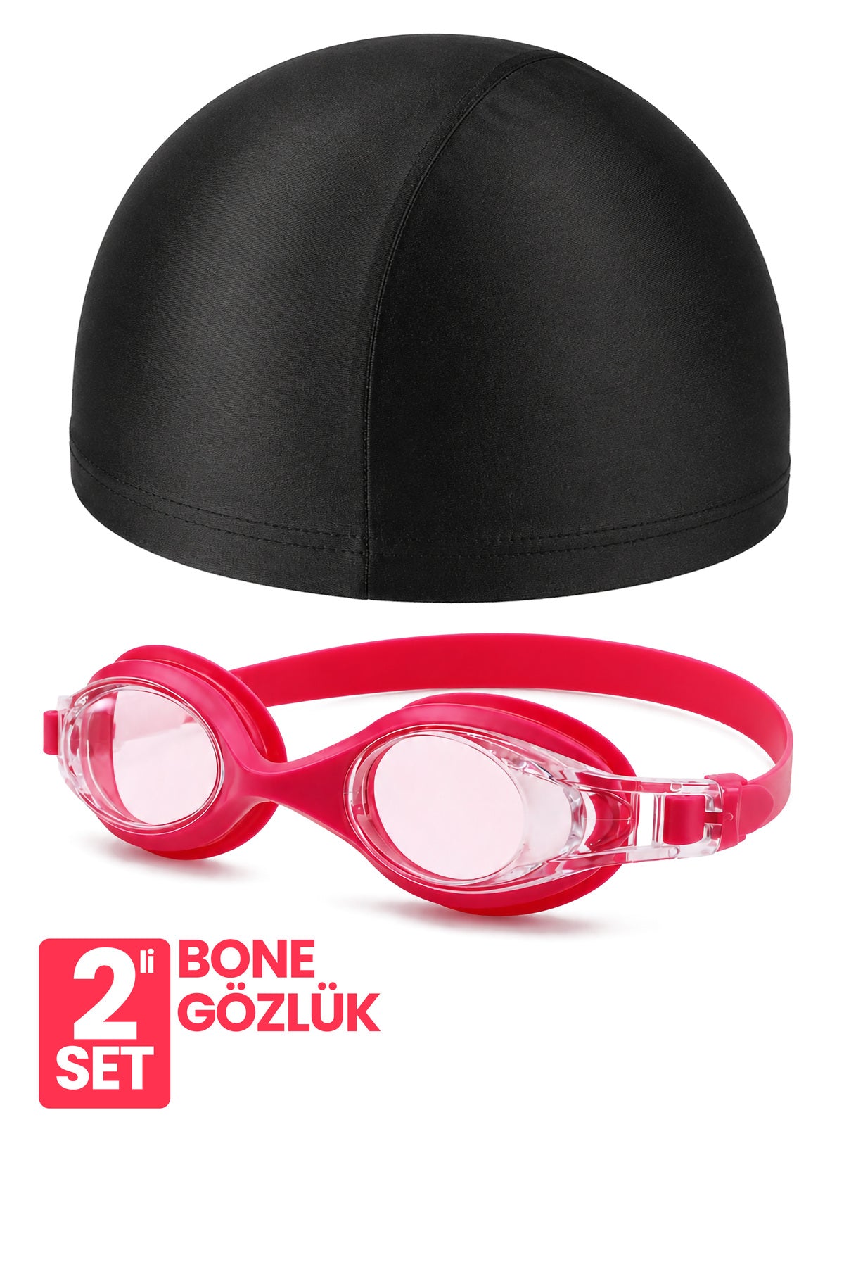 2li Set Yüzücü Gözlüğü Kumaş Bone Set Yüzme Havuz Deniz Gözlüğü Pembe