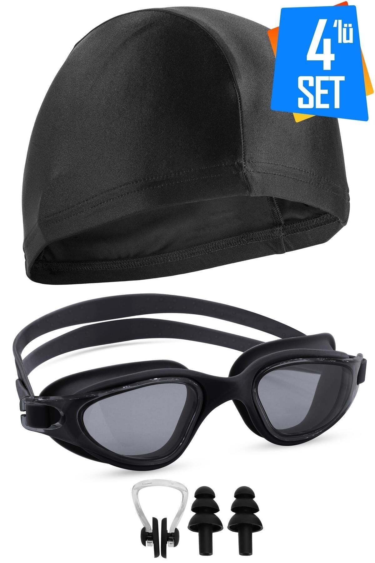 4LÜ SET Swimmer PRO Buğu Yapmaz Havuz Deniz Yüzücü Gözlüğü Boneli Tıkaçlı UV Korumalı Yüzme Siyah