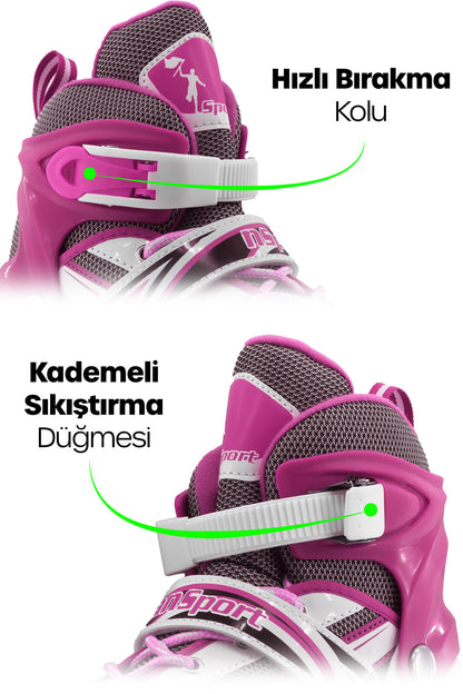 Metal Taban Paten Işıklı Ayarlanabilir Tekerli ve Bedenli Alıştırma Çocuk Genç Pateni PEMBE 8780