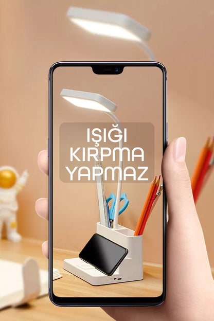 Şarjlı Masa Lambası 3 Renkli Işık Ayarlanabilir Telefon Tutuculu Kalemlikli Ders Çalışma Okuma Işığı