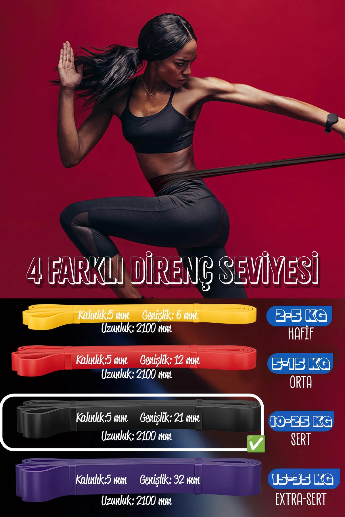 25 KG Direnç Bandı Kas Geliştirme Lastiği Fitness Pilates Cross Training Bant Siyah - Sert