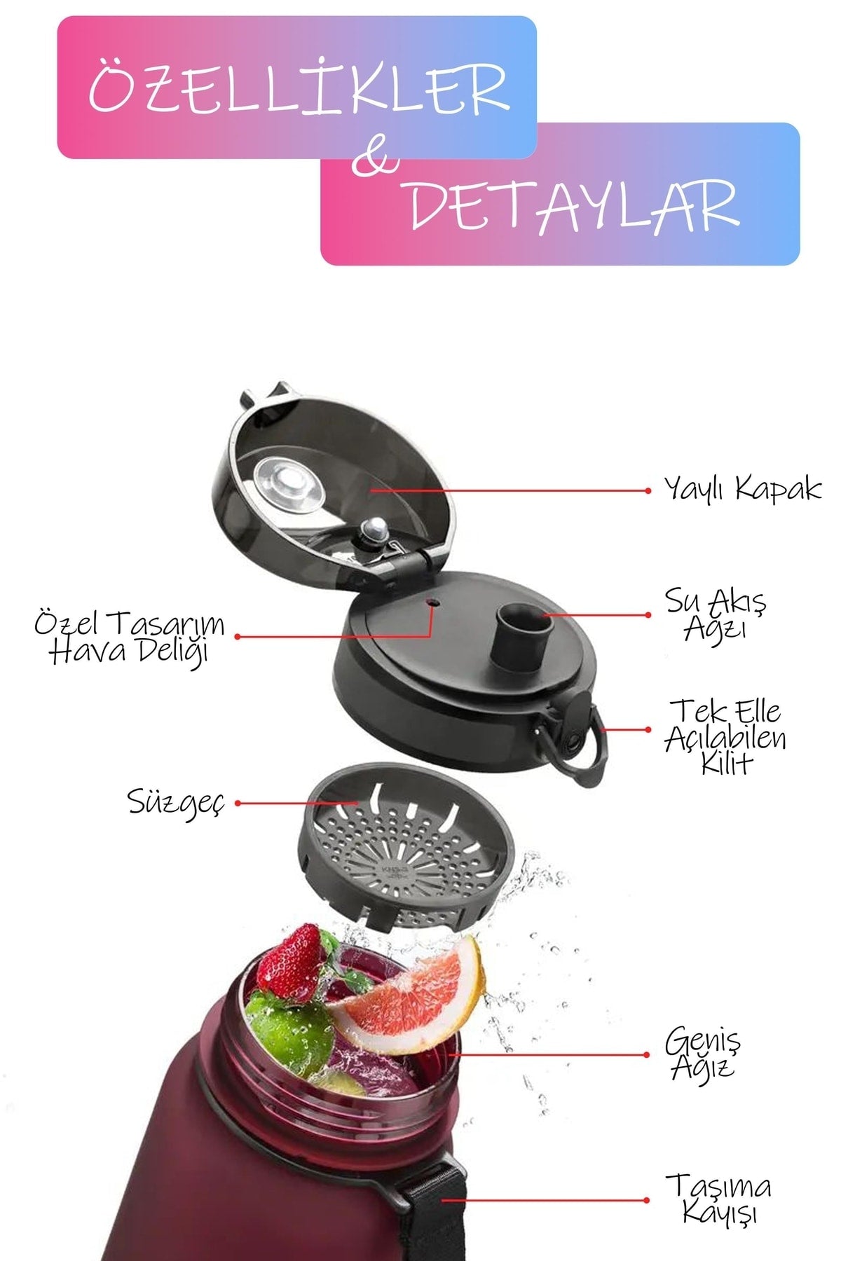 Suluk Su Matarası Bpa Free Kokusuz Suluk Sızdırmaz Akıtmaz Matara 500ml Kırmızı