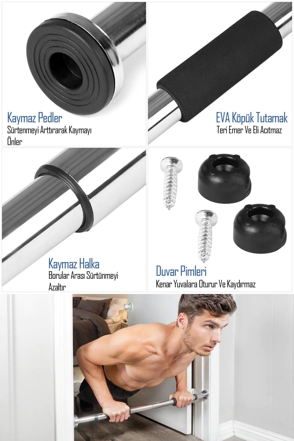 Kapı Barfiksi Süngerli Krom Koridor Barfix Aleti Demiri Şınav Çubuğu Chin Up Pull Up Demiri 80-130cm