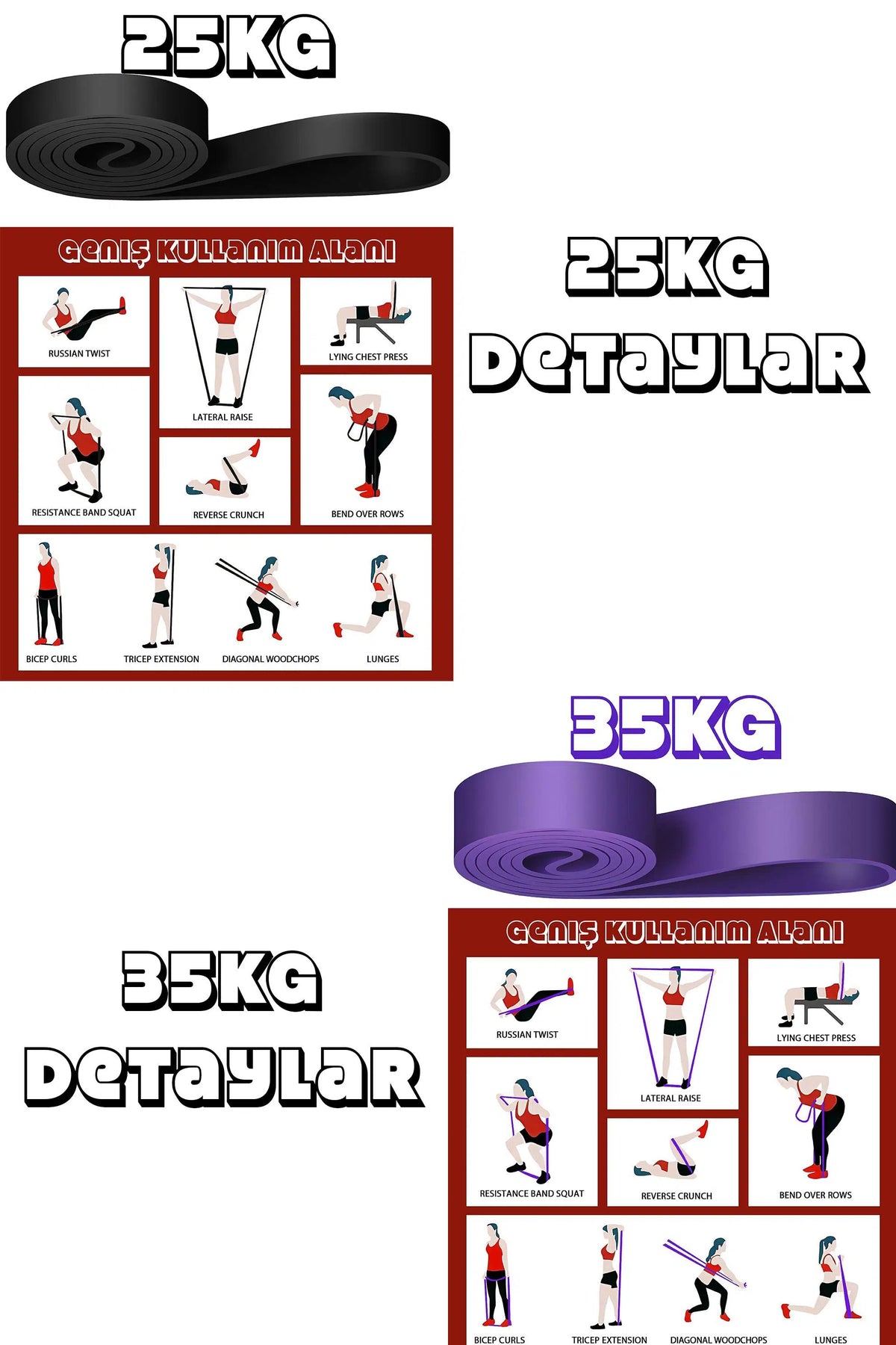 2li SET 25+35 KG Direnç Bandı Seti Kas Geliştirme Lastiği Fitness Pilates Cross Training Bant