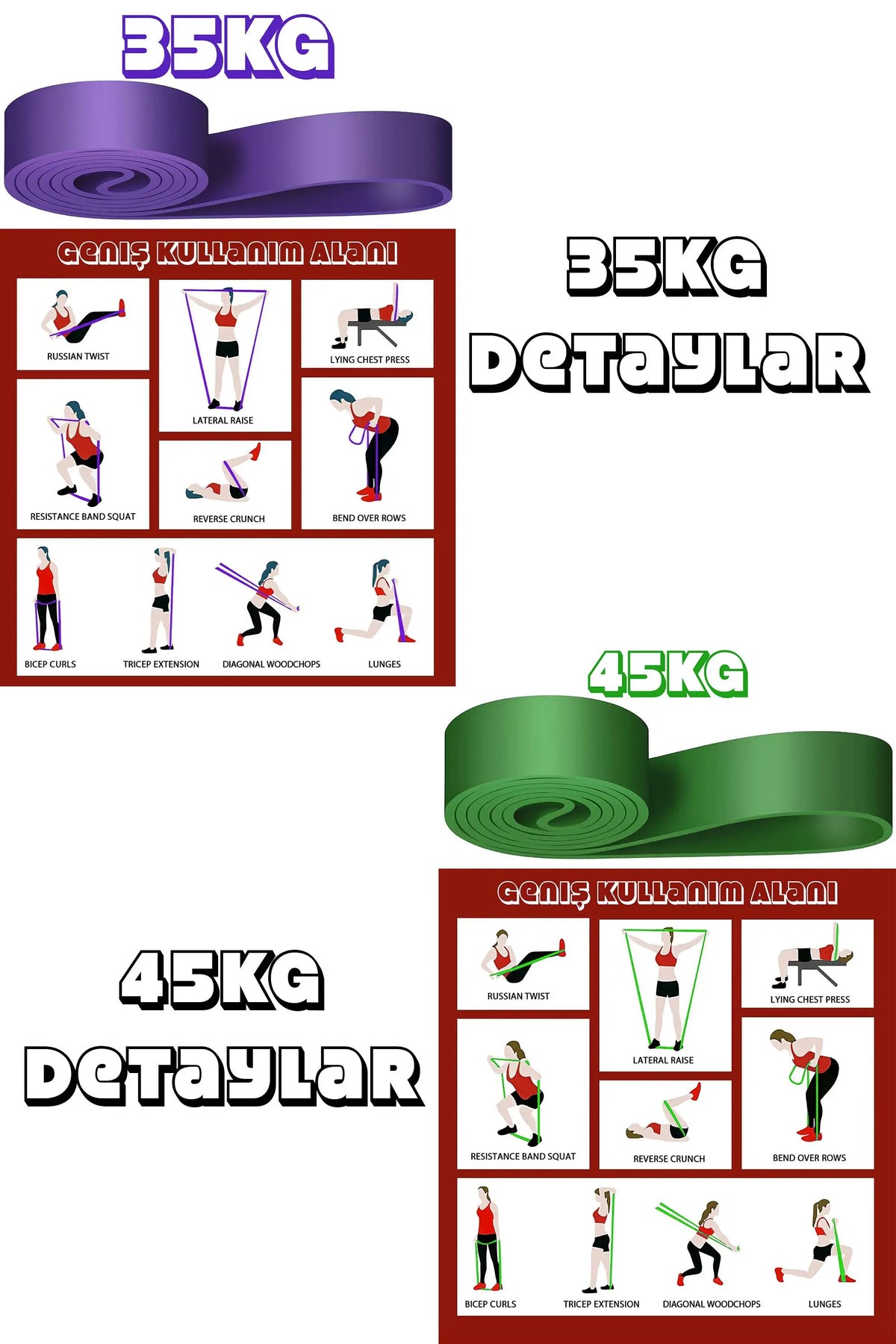 2li SET 35+45 KG Direnç Bandı Seti Kas Geliştirme Lastiği Fitness Pilates Cross Training Bant