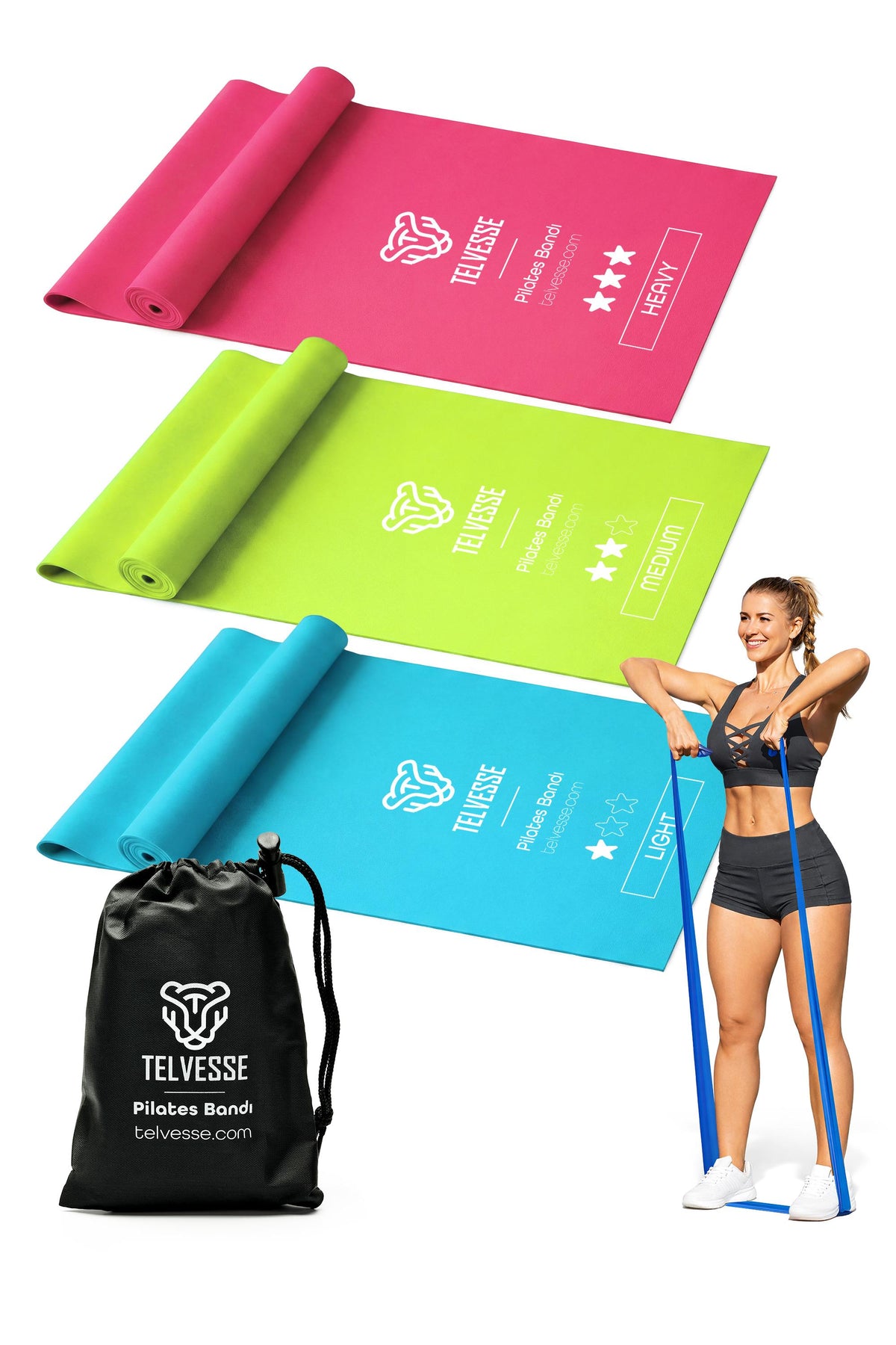 3 Farklı Direnç AÇIK UÇLU Çantalı Pilates Aerobik Egzersiz Squat Lastiği Bant Açık Uç TB3-RGB